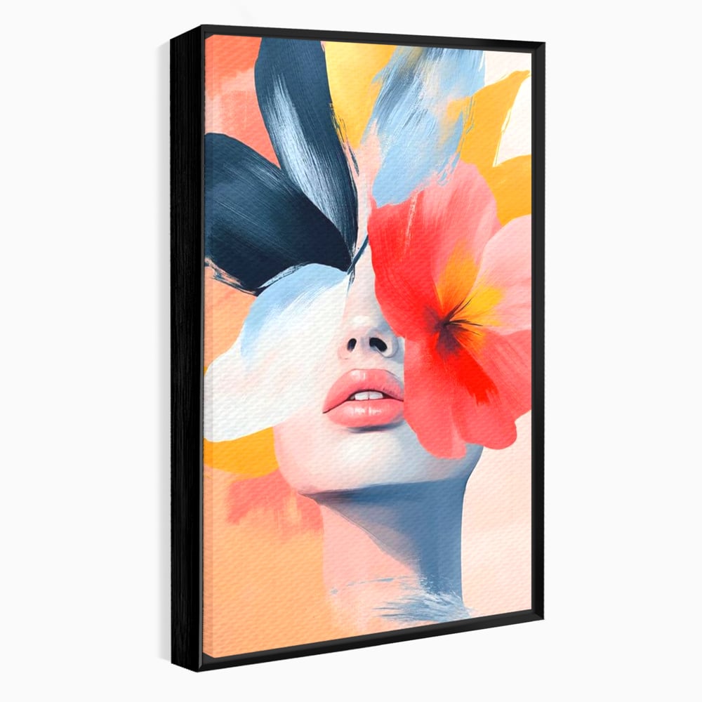 Tablou canvas cu tablou canvas cu fata de femeie si flori pictate, in rama de aluminiu negru